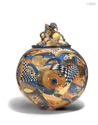 Untitled (Lidded Sphere) 2001earthenware with over-glazed enamels and metallic lusters, signed 'Bacerra' and dated '2001' on undersideheight 24in (61cm); diameter 20in (51cm)   Ralph Bacerra (1938-2008)
