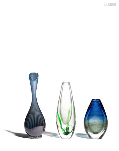 Group of Three Vasescirca 1950glass, etched respectively 'LC1 Lindstrand Kosta Sweden', 'Orrefors Expo P349 Sven Palmquist', 'Kosta 4147 V. Lindstrand' heights 7 1/2in to 12in (19cm to 30cm)  Vicke Lindstrand (1904-1983) and Sven Palmqvist (1906-1984)