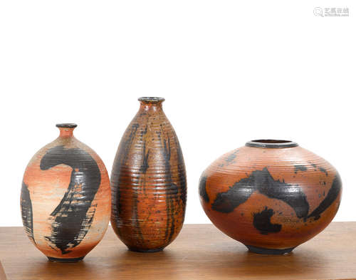 Group of Three Vases1992-1994glazed stoneware, incised 'Vivika + Otto 92 or 94'heights 10in (25.4cm); 11 1/2in (29.2cm); 13 3/4in (35cm)  Otto (1915-2009) & Vivika Heino (1910-1995)