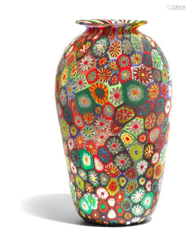 Redentore Vase circa 1957for Fratelli Toso, millefiori glass in red and green tones, bearing Fratelli Toso paper label inscribed 'REDENTORE' and with foil labelheight 11 1/4in (28.5cm)  Ermanno Toso (1903 - 1973)