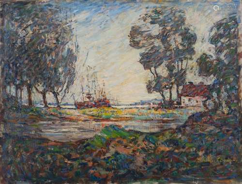 FRANCIS F. BROWN OIL ON CANVAS THE BACKWATER 1916