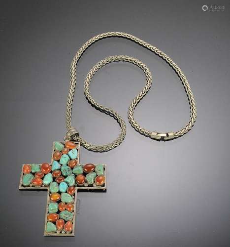 925 STERLING SILVER CHAIN & CROSS WITH TURQUOISE