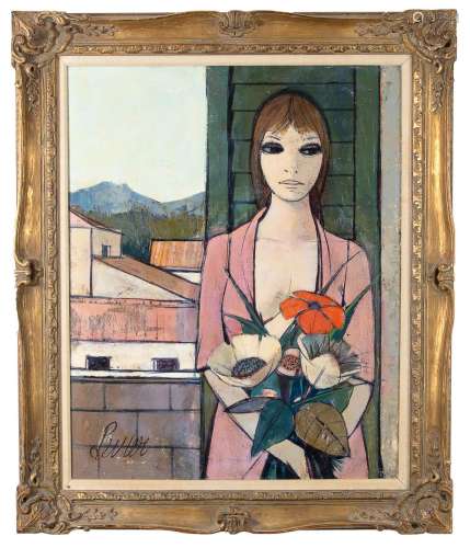 CHARLES LEVIER OIL ON CANVAS WOMAN WITH FLOWERS