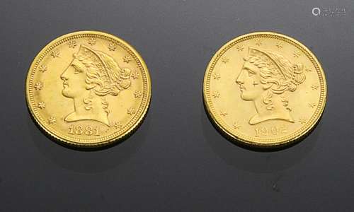 US $5 GOLD COINS 1881 & 1902-S (2)