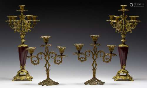 TWO SETS ORMOLU CLOCK GARNITURES CANDELABRA (4)