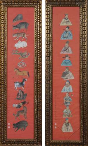 PAIR OF CHINESE GOUACHE ON SILK ZODIAC PAINTINGS