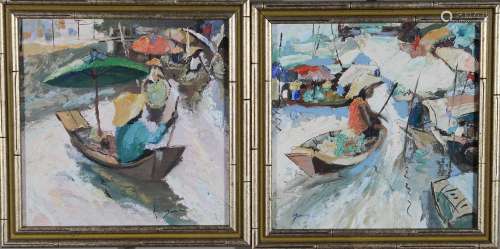 1947 (2) OIL ON CANVAS HONG KONG BOAT SCENES