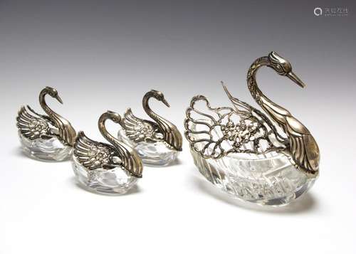 835 GERMAN SILVER & CRYSTAL SWAN SALTS (4)