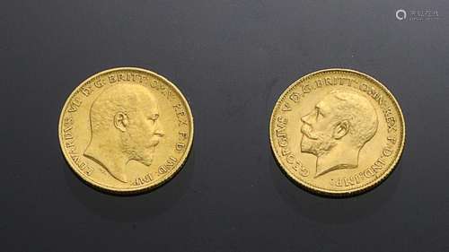 BRITISH GOLD HALF SOVEREIGN COINS 1902 & 1913 (2)