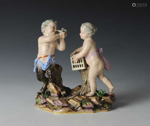 MEISSEN CERAMIC FAUN AND GIRL WITH BIRD