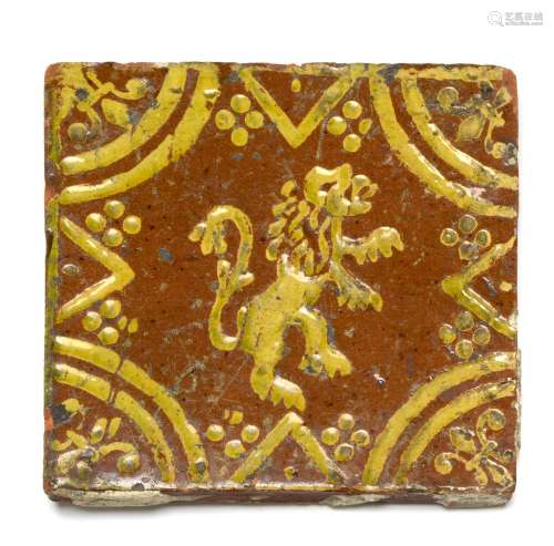 ANTIQUE TILE LION RED YELLOW BELGIUM FLEMISH (A)