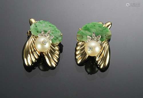 VINTAGE GOLD, DIAMOND, PEARL & JADEITE EARRINGS