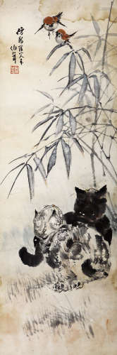 吴伯年（1891-1975） 猫戏图 设色纸本 镜心