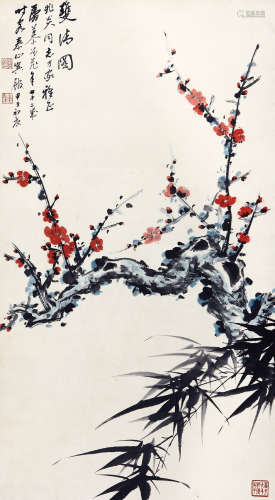 慕凌飞（1913-1997） 双清图 设色纸本 立轴 1984年 作