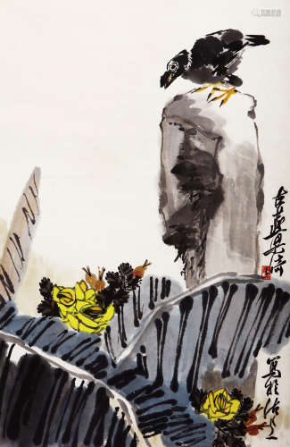 梁崎（1909-1996） 芭蕉石雀 设色纸本 立轴