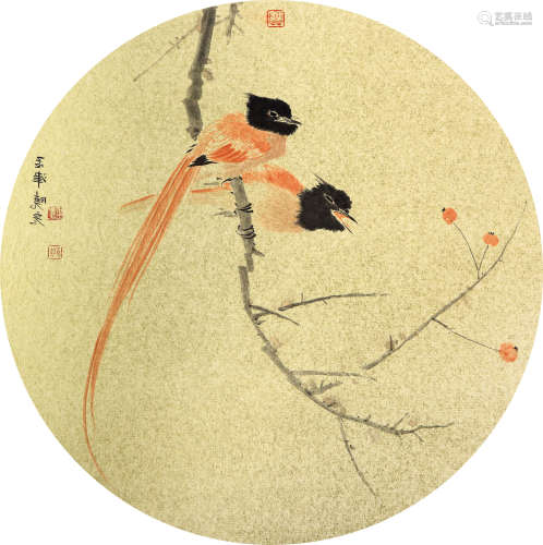 张晓彦（b.1975） 红梅绶带 设色纸本 硬卡