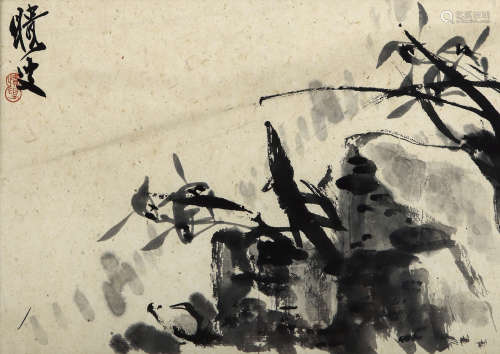梁崎（1909-1996） 兰石图 水墨纸本 镜框