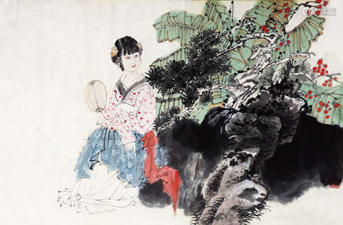 王美芳（b.1949） 芭蕉仕女 设色纸本 镜片