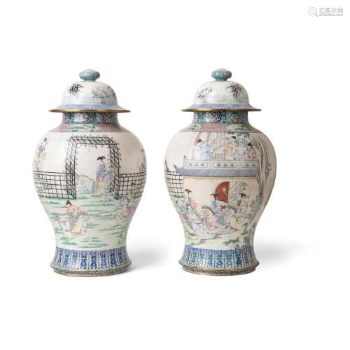 PAIR OF LARGE CANTON ENAMEL 'GENERALS OF THE YANG FAMILY' BALUSTER VASES AND COVERS JIAQING MARK, 19TH CENTURY 48cm high