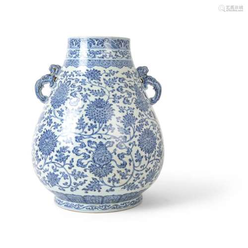 LARGE BLUE AND WHITE HU-FORM VASE, QIANLONG MARK BUT LATER 46cm high