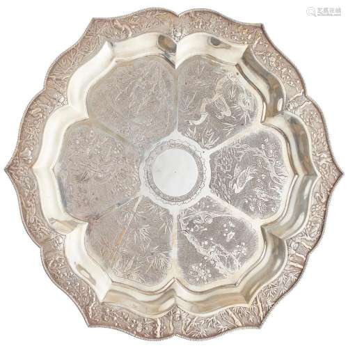 LARGE EXPORT SILVER TRAY ZHAO CHANG AND HC MARKS, LATE QING DYNASTY 37.6cm wide