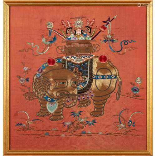 TWO EMBROIDERED RUST-GROUND SILK PANELS QING DYNASTY, 19TH CENTURY larger one 50x49cm (sight)