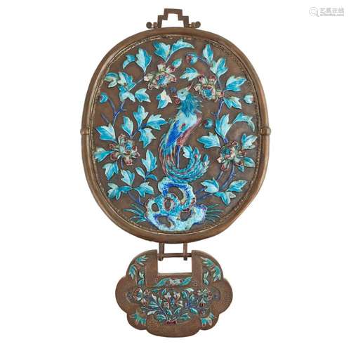 SILVER ENAMEL HANGING MIRROR QING DYNASTY, 19TH CENTURY 16.5 inches high