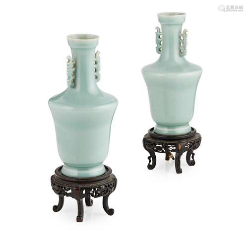 PAIR OF CELADON GLAZE TWIN-HANDLE MALLET VASES YONGZHENG MARK BUT 19TH CENTURY 24cm high (excluding stand)