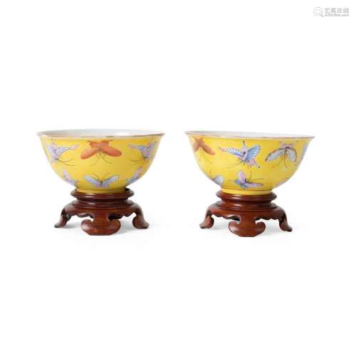 PAIR OF FAMILLE ROSE YELLOW-GROUND 'BUTTERFLY' BOWLS TONGZHI MARK, 19TH CENTURY 11cm diam