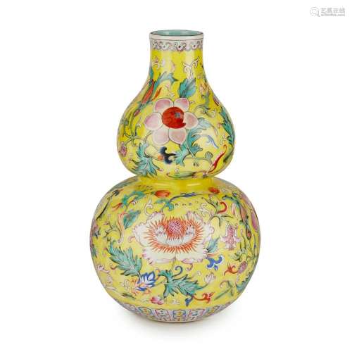 FAMILLE ROSE YELLOW-GROUND DOUBLE-GOURD VASE QIANLONG MARK BUT LATER 23cm high
