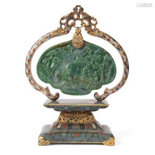 SPINACH-GREEN JADE PLAQUE MOUNTED ON A CLOISONNÉ ENAMEL DISPLAY STAND 35cm high (overall)