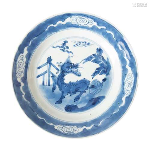 BLUE AND WHITE 'QILIN' DISH FROM THE COLLECTION OF AUGUSTUS THE STRONG (1670-1733) KANGXI PERIOD 21cm diam