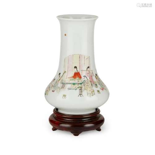 FAMILLE ROSE 'BEAUTIES' VASE QIANLONG MARK BUT MID-20TH CENTURY 18cm high