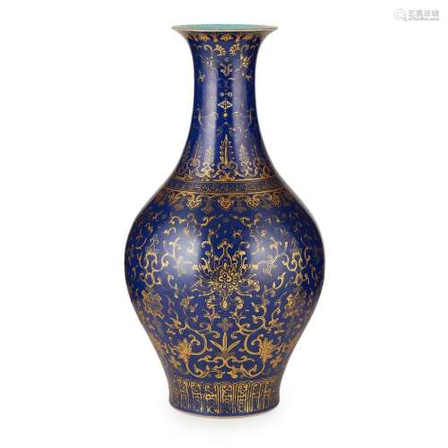 GILT-DECORATED BLUE-GROUND VASE JIAQING SIX-CHARACTER MARK AND OF THE PERIOD 33.5cm high