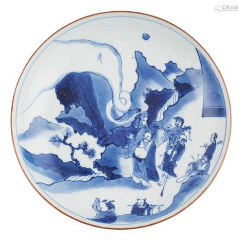 BLUE AND WHITE 'MASTER OF THE ROCKS' 'EIGHT IMMORTALS' DISH YU TANG JIA QI MARK, SHUNZHI PERIOD 21.2cm diam