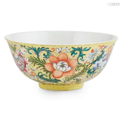 FAMILLE ROSE YELLOW-GROUND BOWL DAOGUANG MARK BUT LATER 15.6cm diam