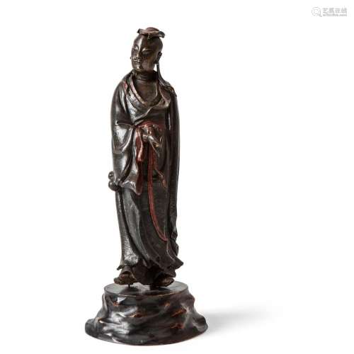 LACQUERED BRONZE FIGURE OF LÜ DONGBING QING DYNASTY 25cm high (excluding stand)