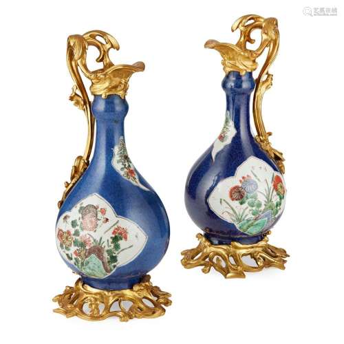PAIR OF ORMOLU-MOUNTED FAMILLE VERTE POWDER-BLUE GROUND VASES THE PORCELAIN 18TH/19TH CENTURY 27cm high (overall)