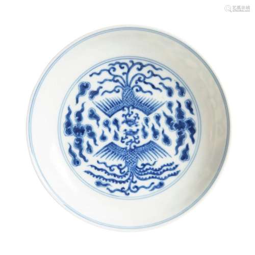 BLUE AND WHITE 'PHOENIX' DISH GUANGXU MARK BUT 20TH CENTURY 16.3cm diam