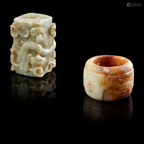 TWO CARVED JADE ORNAMENTS QING DYNASTY OR EARLIER larger one 4cm high