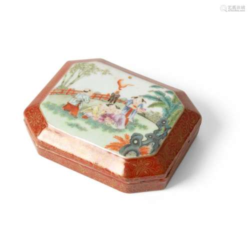 FAMILLE ROSE CORAL-RED GROUND BOX AND COVER QIANLONG MARK BUT LATER 9.5cm long