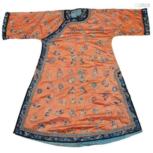 SILK RUST-GROUND LADY'S INFORMAL ROBE QING DYNASTY, 19TH CENTURY larger one 145cm high