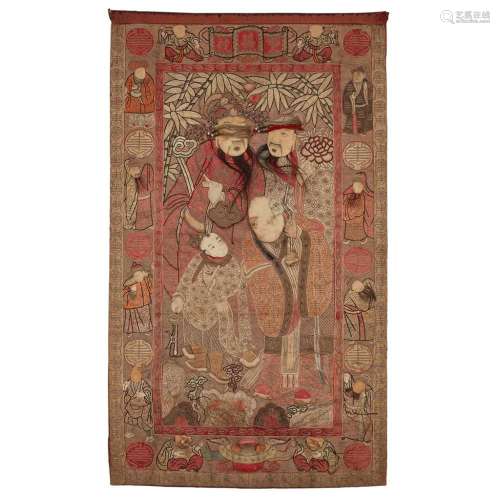 EMBROIDERED SILK 'THREE STAR GODS' PANEL LATE QING DYNASTY 121x71cm