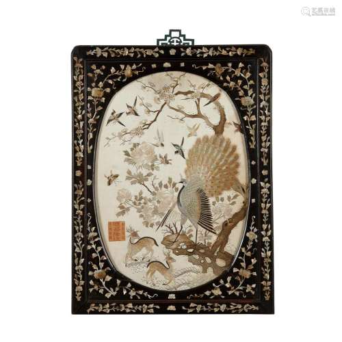 EMBROIDERED SILK 'BIRDS AND DEER' HANGING PANEL SHUN CHANG LONG MARK, LATE QING DYNASTY 57.5x42.5cm (overall)