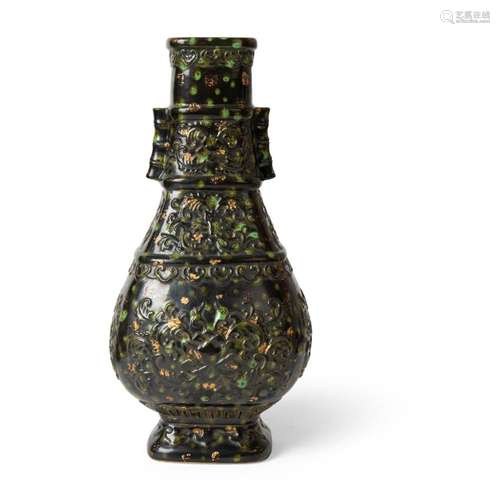 BRONZE IMITATION PORCELAIN HU-FORM VASE QIANLONG MARK BUT LATER 29cm high