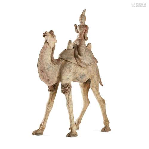 LARGE POTTERY MODEL OF A CAMEL AND FOREIGN RIDER TANG DYNASTY 62cm high