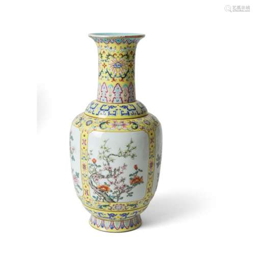 FAMILLE ROSE YELLOW-GROUND VASE QIANLONG MARK BUT LATER 29cm high