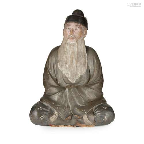 PAINTED POTTERY FIGURE OF A SAGE QING DYNASTY, 19TH CENTURY 24cm high