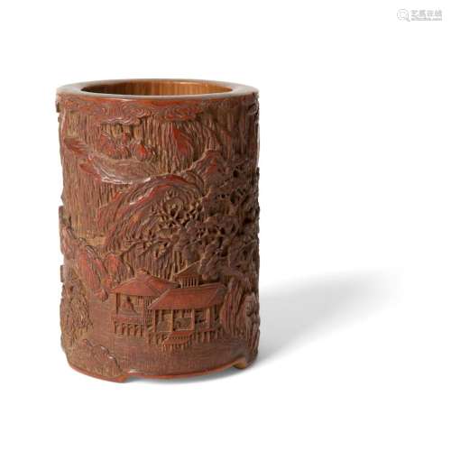 CARVED BAMBOO BRUSH POT QING DYNASTY, 19TH CENTURY 13cm high