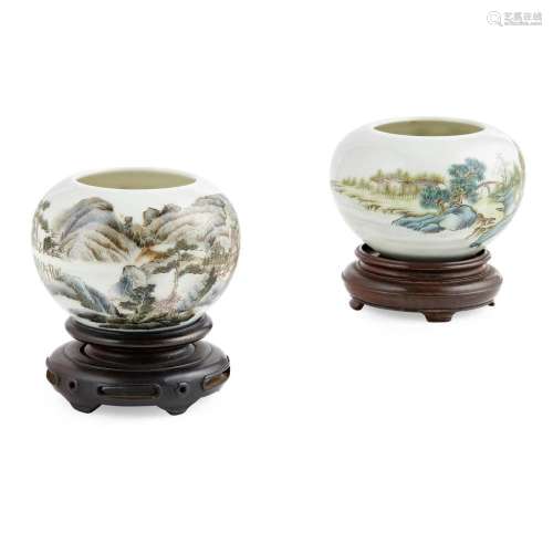 TWO POLYCHROME ENAMELLED 'LANDSCAPE' BRUSH WASHERS QIANLONG MARK BUT REPUBLIC PERIOD larger one 8.3cm wide